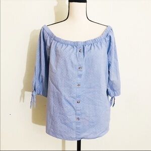 F&F Off Shoulder Tie Sleeve Polka Dot Top Size 10 Blue/White